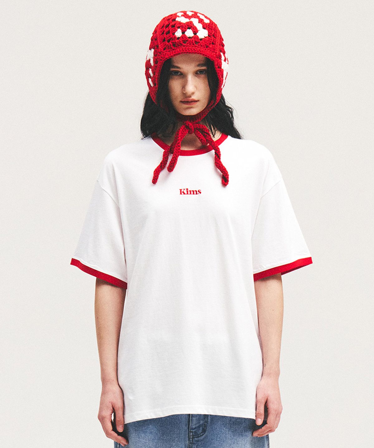 킴스 프레시 코튼 마켓(KIMS FRESH COTTON MARKET) (Unisex) Kims Logo Ringer Tee White(red)