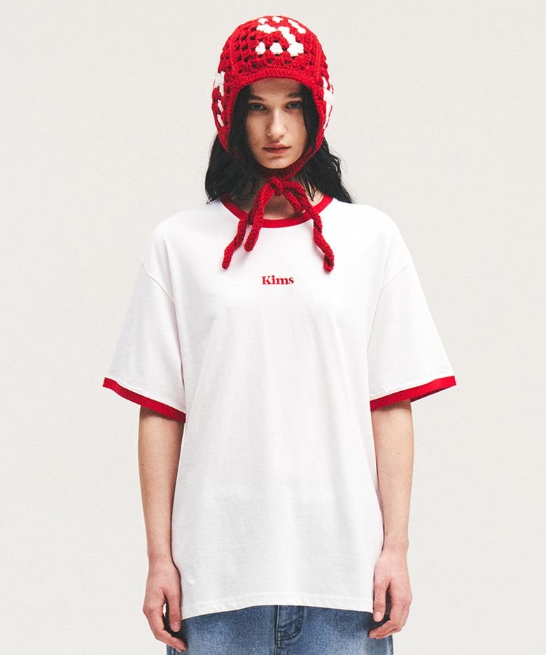 (Unisex) Kims Logo Ringer Tee White(red)