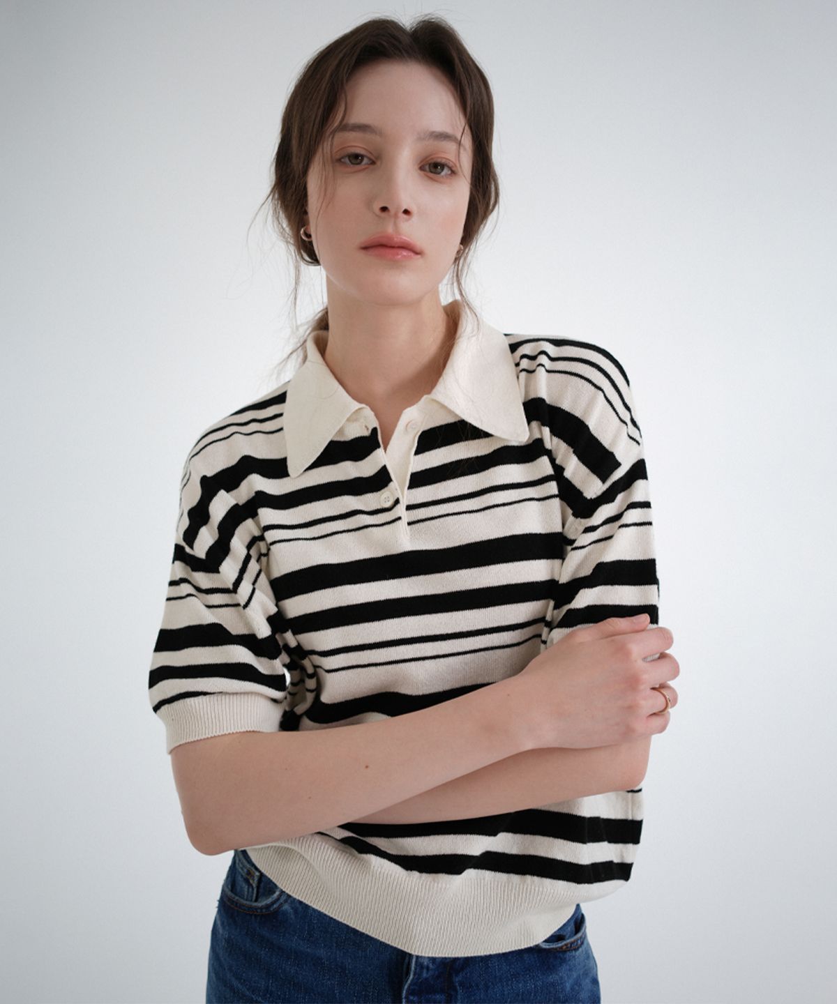 블레티(VLETI) Cotton Stripe Collar Half Knit (cream)