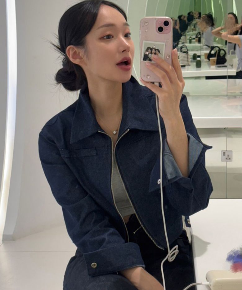 크롭 데님 집업 자켓_진청