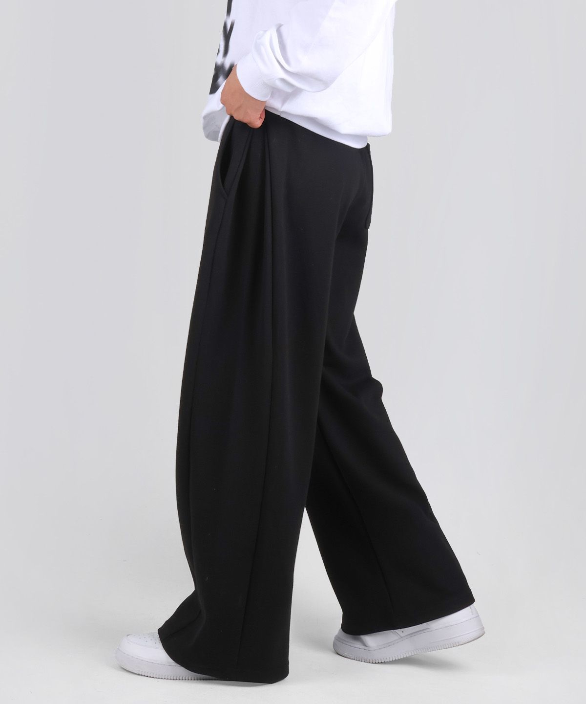 포더핏(FOR THE FIT) [여름용 OR 일반] 사이드 핀턱 스웨트 와이드 팬츠_블랙