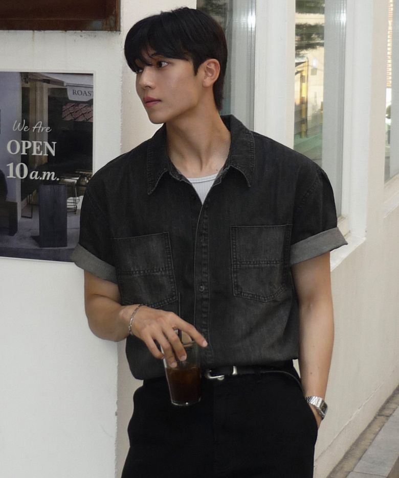 카디프 투포켓 워싱 데님 반팔 셔츠 [BLACK]