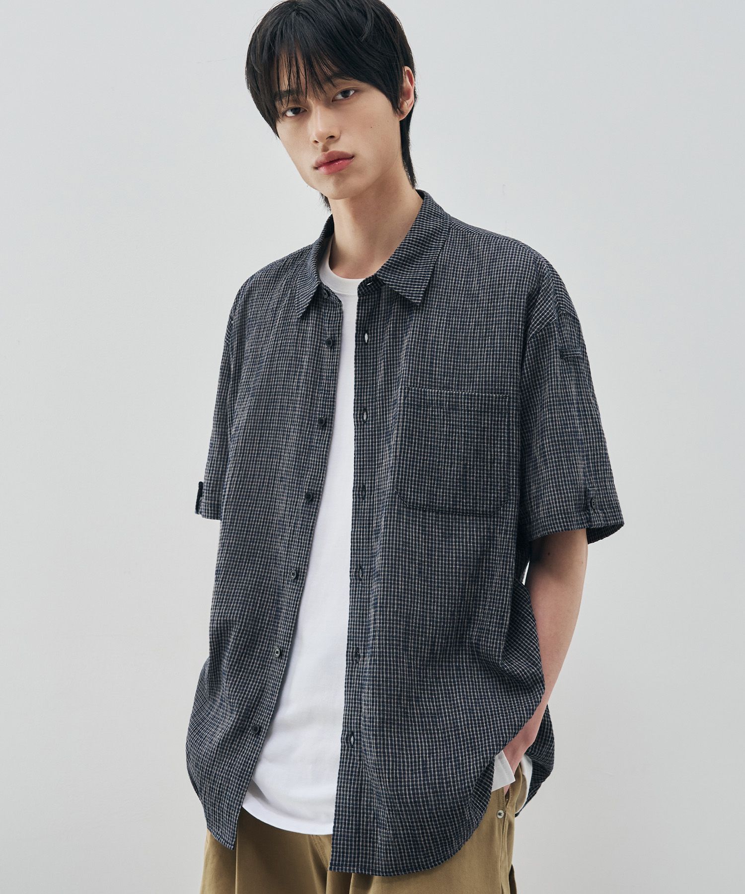 [DRAW FIT] HEDI SEERSUCKER ROLL UP HALF CHECK SHIRT /追跡付 MUSINSA | DRAW FIT Eddie Seersucker Roll-up Half Check Shirt