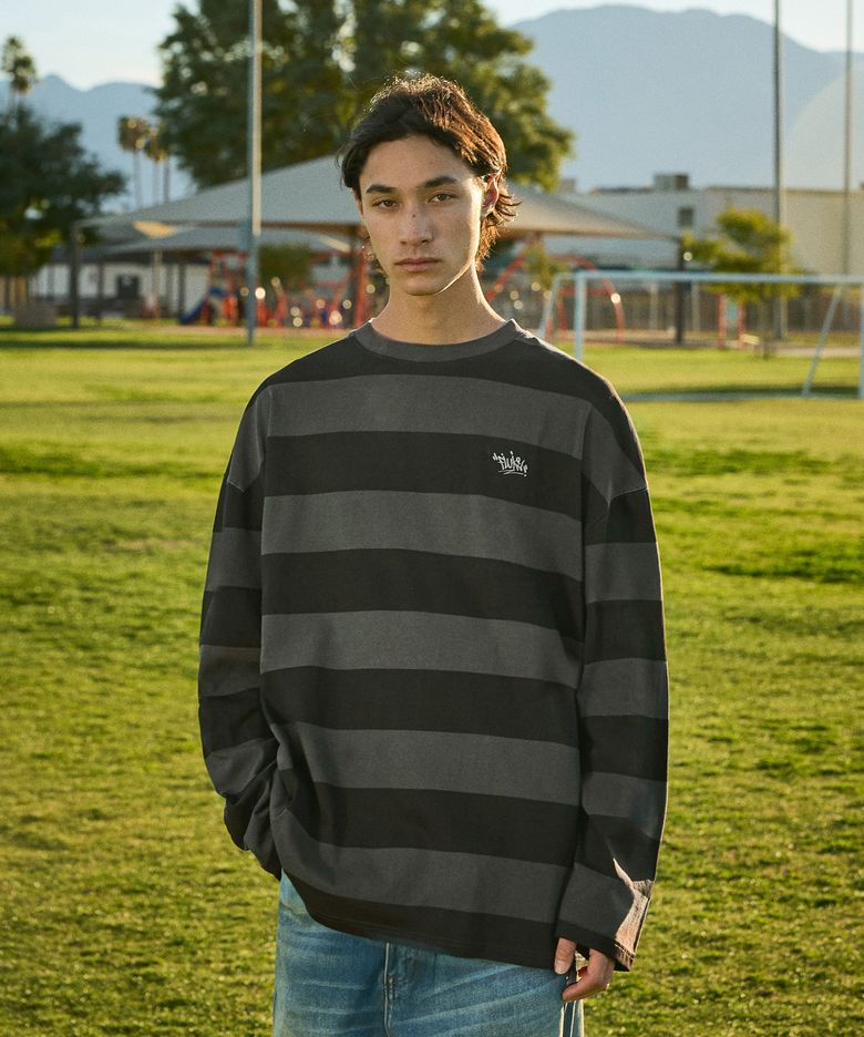 슬램로고 스트라이프 피그먼트 긴팔 티셔츠  다크그레이 FLT715