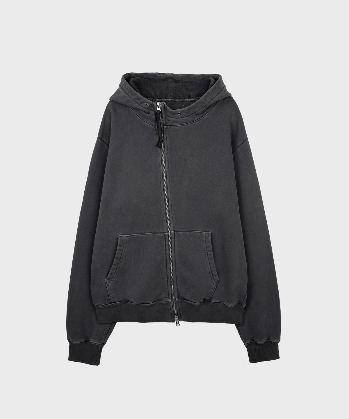 서피스에디션(SURFACE EDITION) DESTROYED OBLIQUE HOODIE ZIP UP DARK GRAY