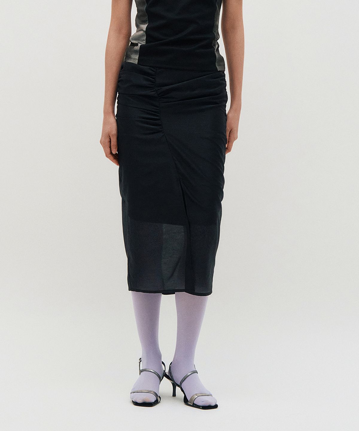킴지수(KIMZISU) Sheer Shirring Slit Skirt _ BLACK
