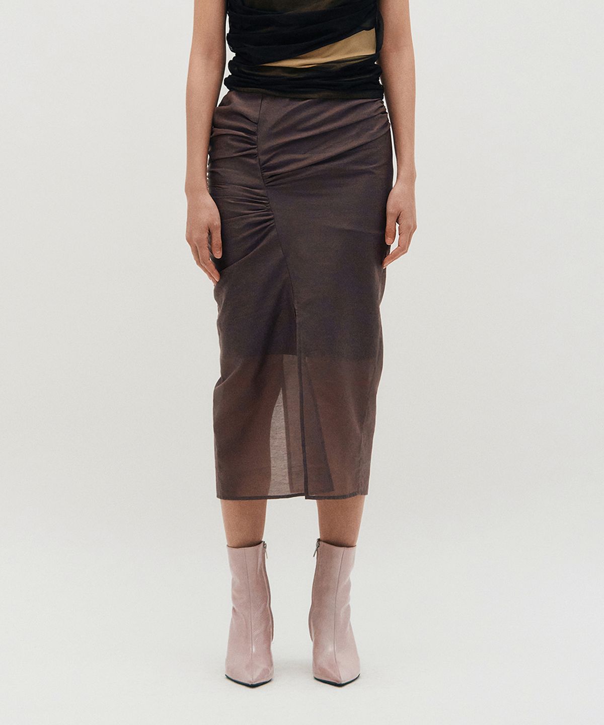 킴지수(KIMZISU) Sheer Shirring Slit Skirt _ BROWN