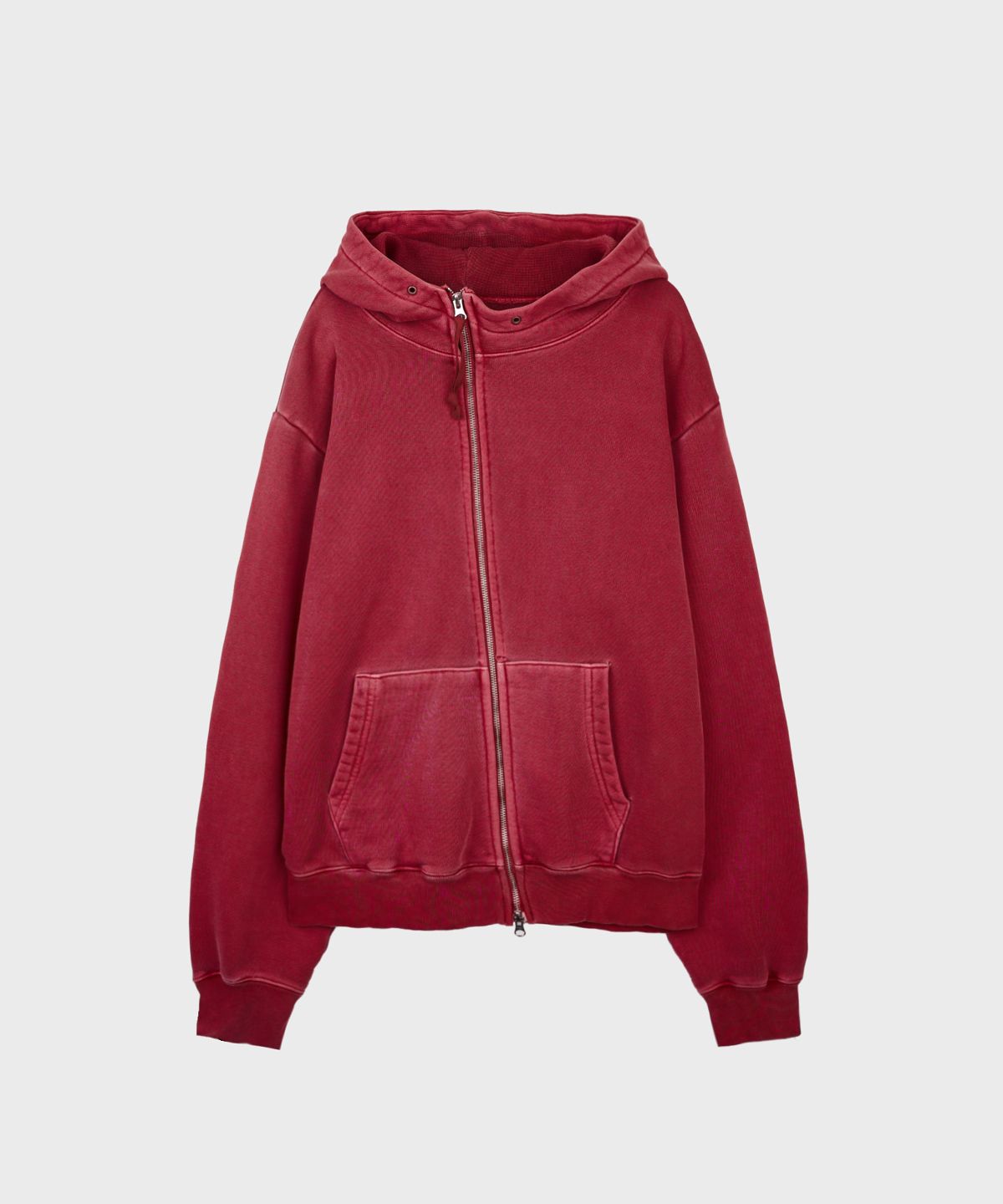 서피스에디션(SURFACE EDITION) DESTROYED OBLIQUE HOODIE ZIP UP RED