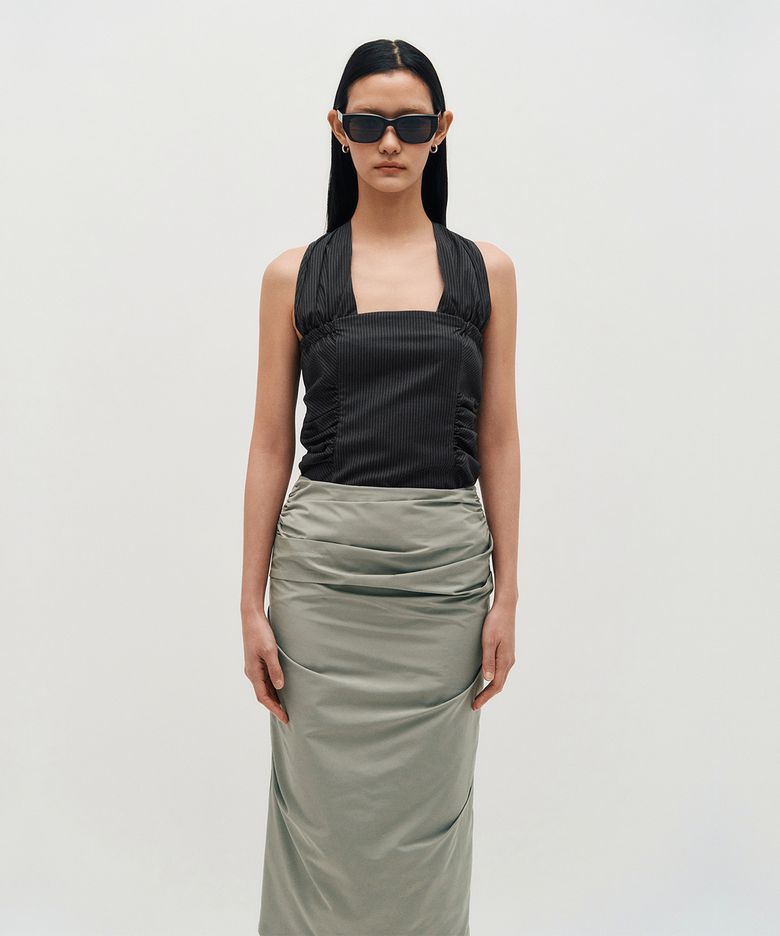Wide Tie Stripe Halter Top _ GREY