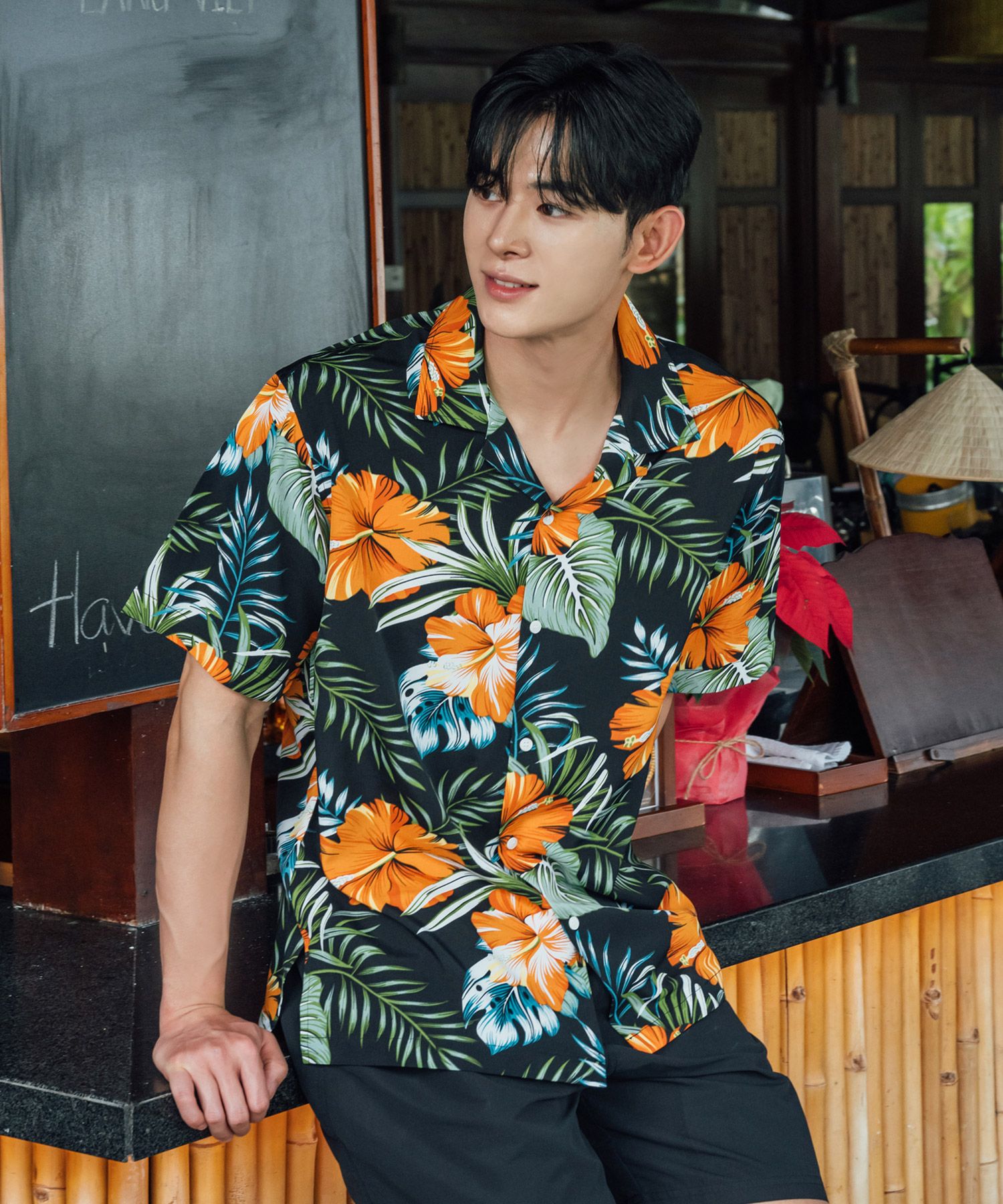 MUSINSA HERRINGBONE Men's Hawaiian Shirt Loose Fit Short Sleeve