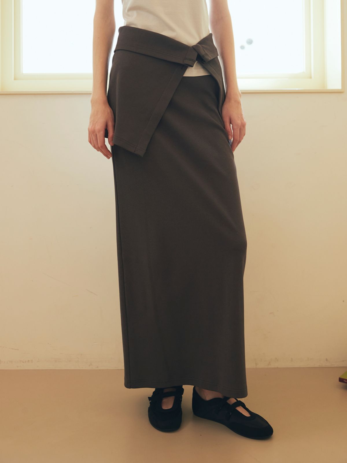 오앨(OUEL) RIB JERSEY LONG SKIRT WAIST BAND SET_WARM GREY