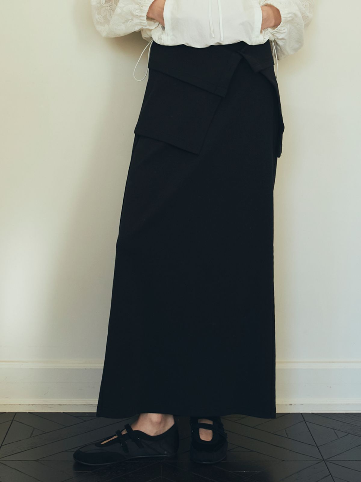 오앨(OUEL) RIB JERSEY LONG SKIRT WAIST BAND SET_BLACK