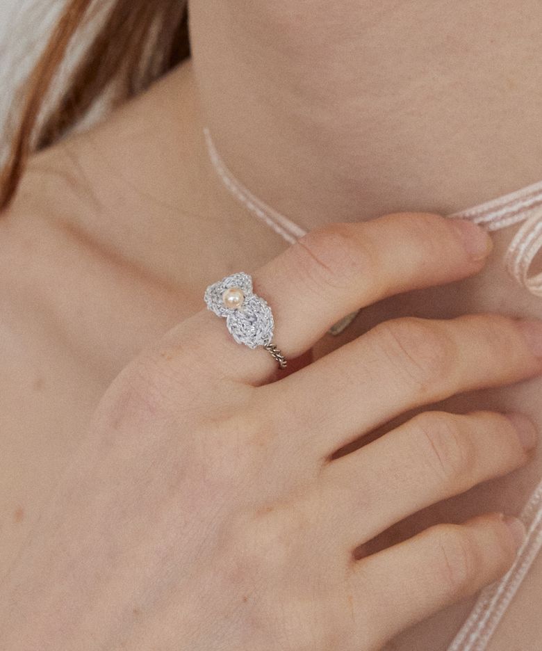 Pearl and knit ribbon chain ring (3colors)