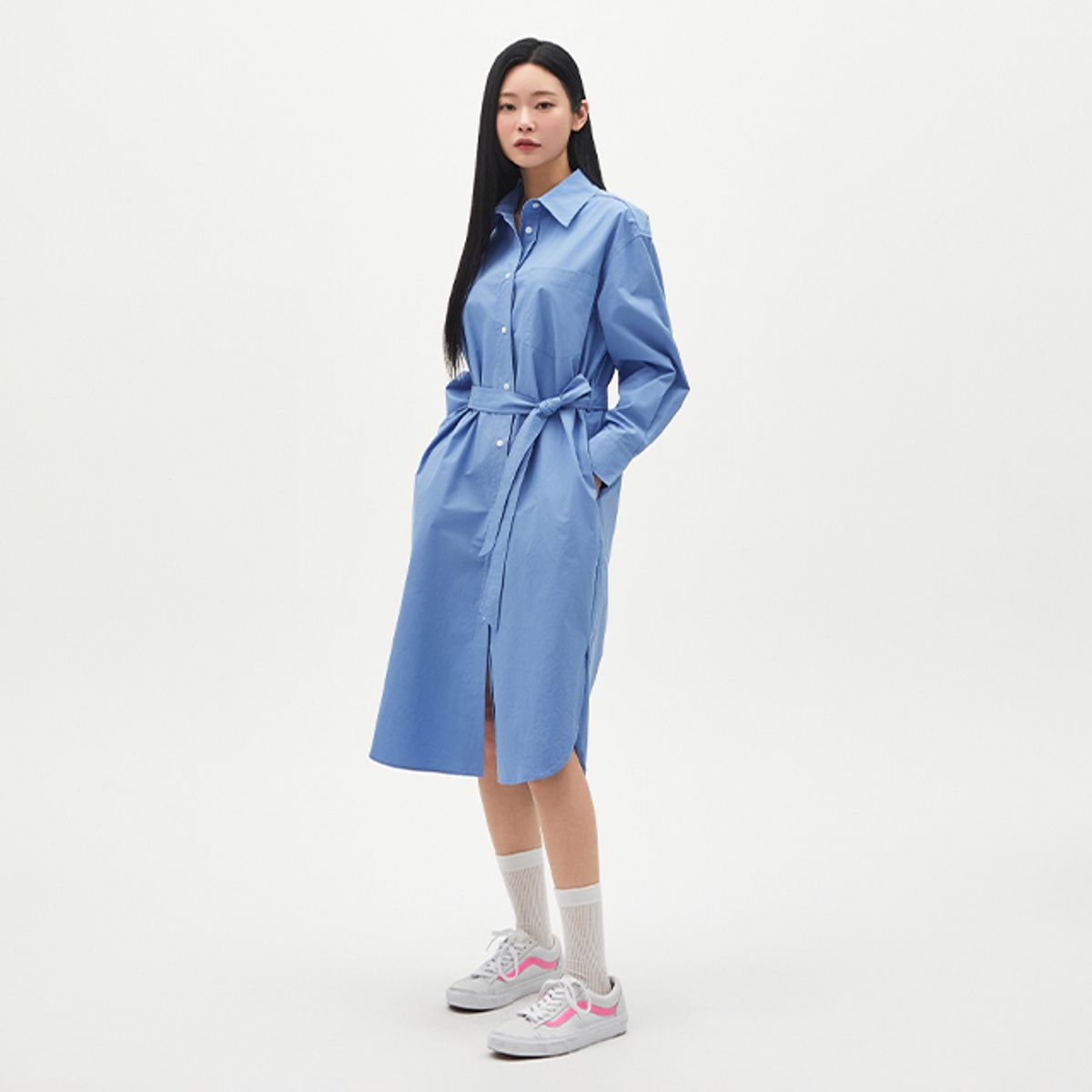 랩(LAP) 끈벨트 트임 롱 셔츠원피스 AR1WO262