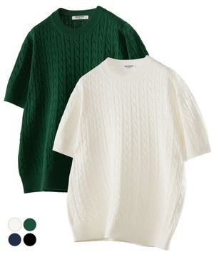 워셔블 쿨 코튼 케이블 반팔 라운드 니트 4Color