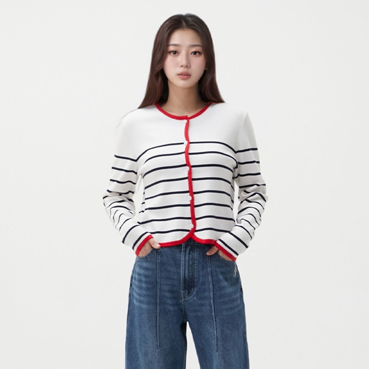 랩(LAP) 투톤라인 배색 라운드 가디건 AR1KG260
