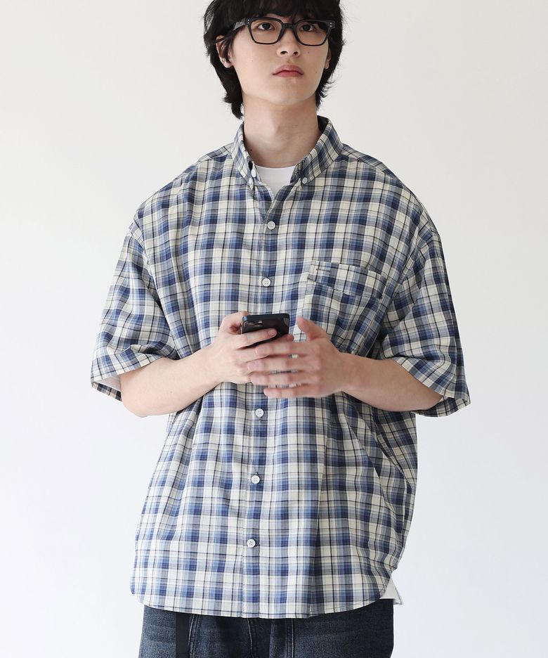 핀 포켓 오버핏 체크 반팔 셔츠 [블루]