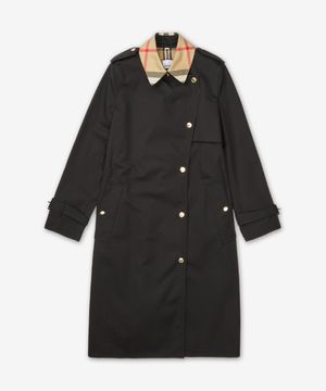 롱 체크 칼라 개버딘 W 트렌치 코트 - 블랙 / 8089811