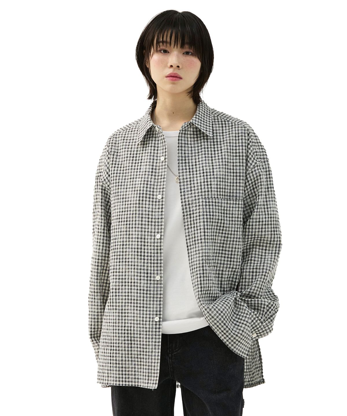 밈더워드로브(MIMTHEWARDROBE) 써니 시어서커 체크셔츠_블랙