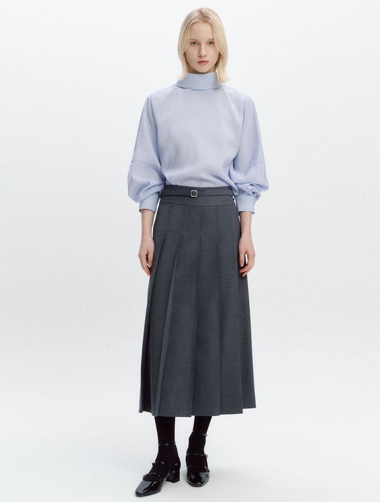 Fabric Belted Pleats Skirt CHARCOAL GREY