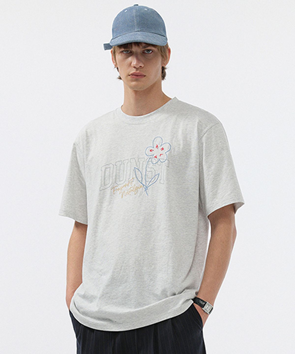 던스트 포 맨(DUNST FOR MEN) DRAWING BLOOM T-SHIRT _UNISEX_UDTS5B126_LIGHT MELANGE GREY