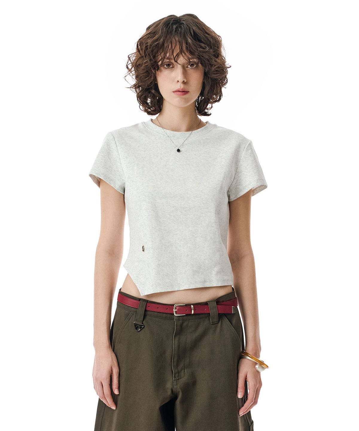 세컨모놀로그(SECONDMONO) W. Oblique Slim Fit Short Sleeve T-Shirt [W.MELANGE]_SEWTS005WHMELANGE