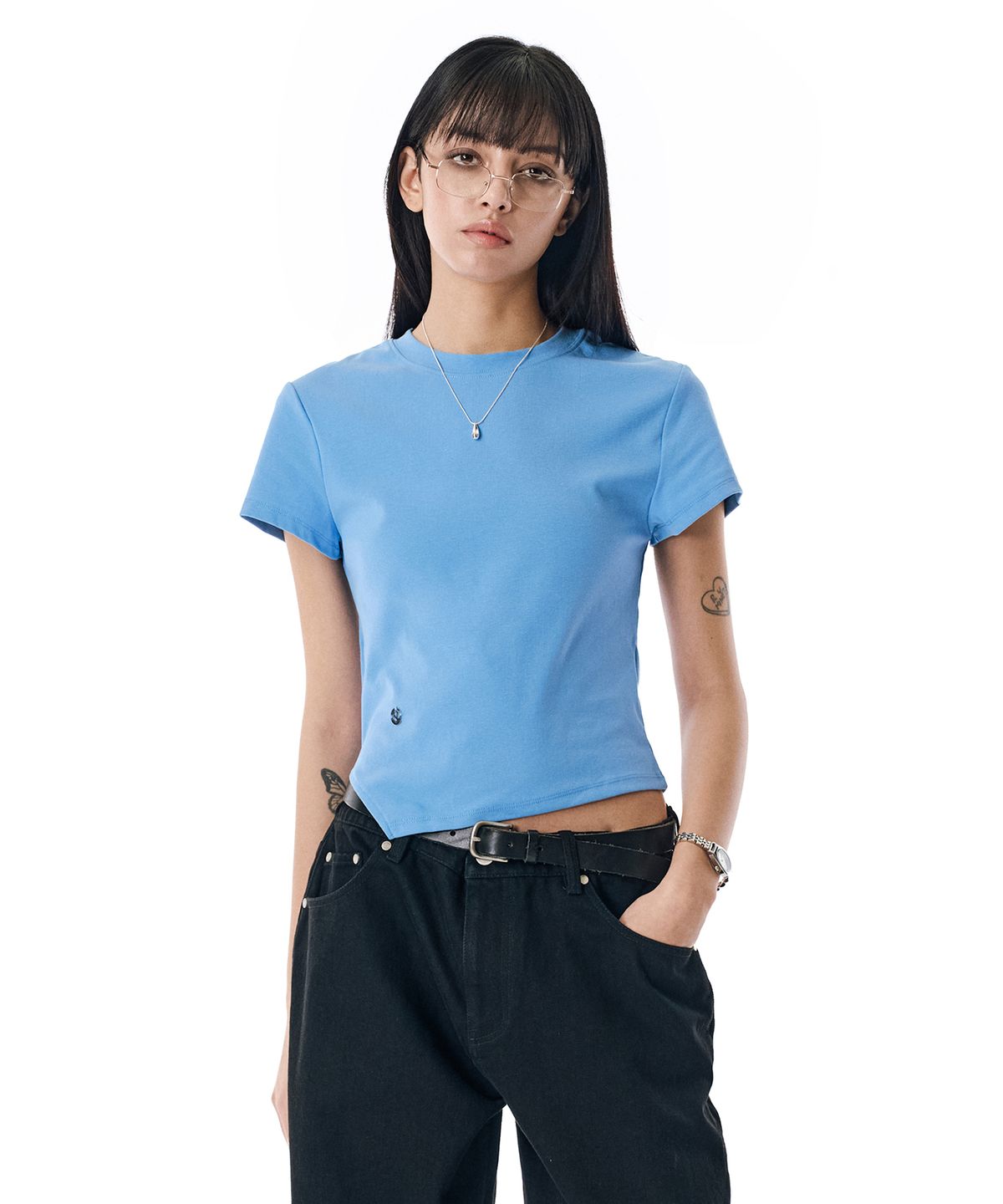 세컨모놀로그(SECONDMONO) W. Oblique Slim Fit Short Sleeve T-Shirt [BLUE]_SEWTS005BLUE