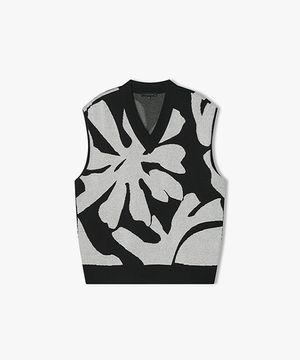 [25SS] LLS51560 블랙 플라워 패턴 브이넥 니트 베스트