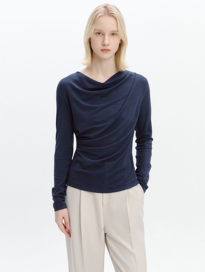 Cowl-neck Draped T-blouse NAVY