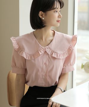 빅 프릴 카라넥 퍼프 반팔 블라우스