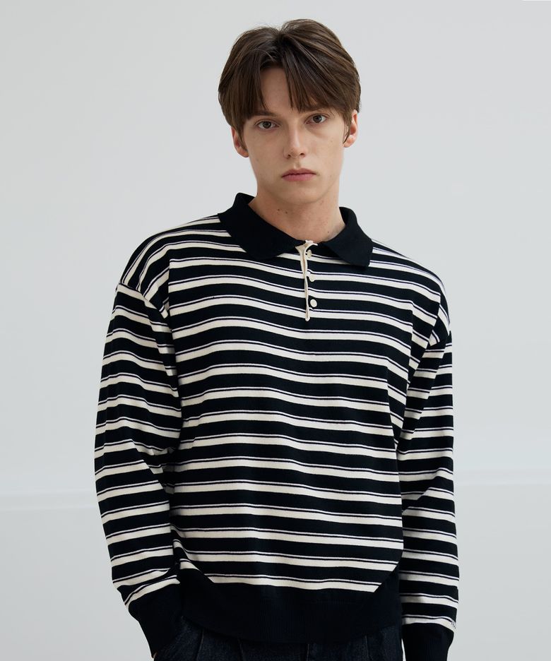 카라 투톤 스트라이프 니트 티셔츠 [블랙]