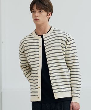블럭 스트라이프 라운드 니트 가디건 [아이보리]