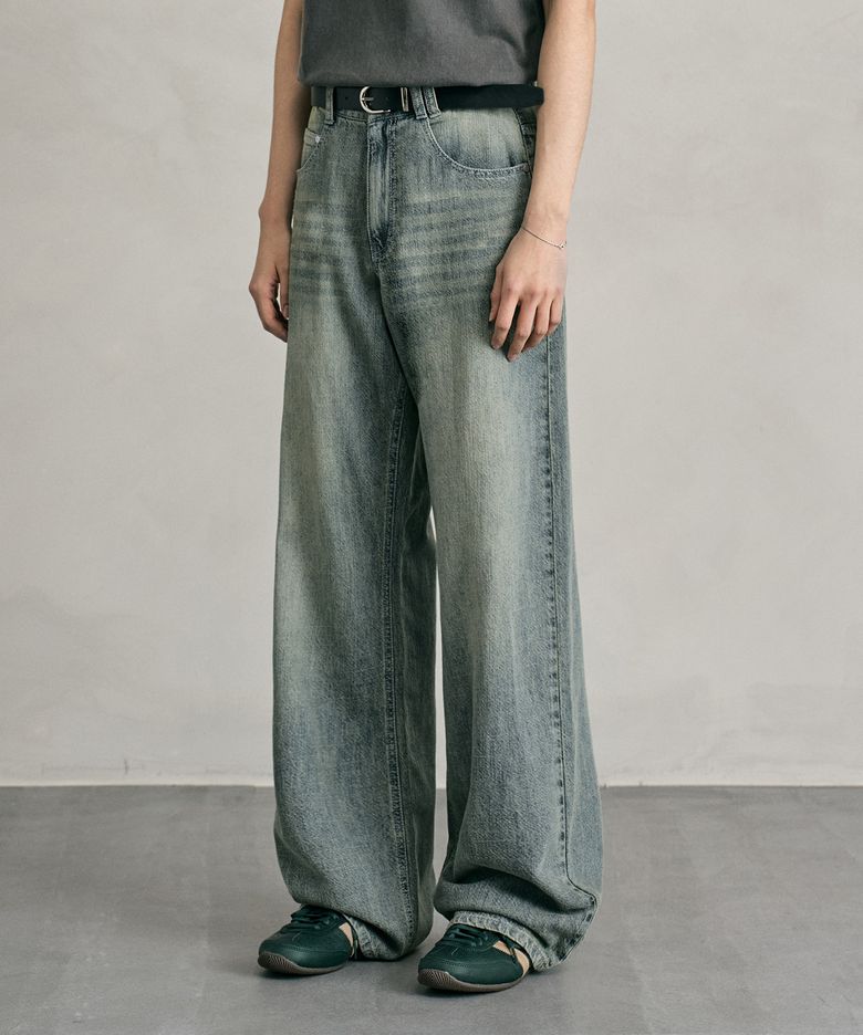 [린넨라이크]Linen Like Mid Rise Wide Jeans DCPT039RustGreen