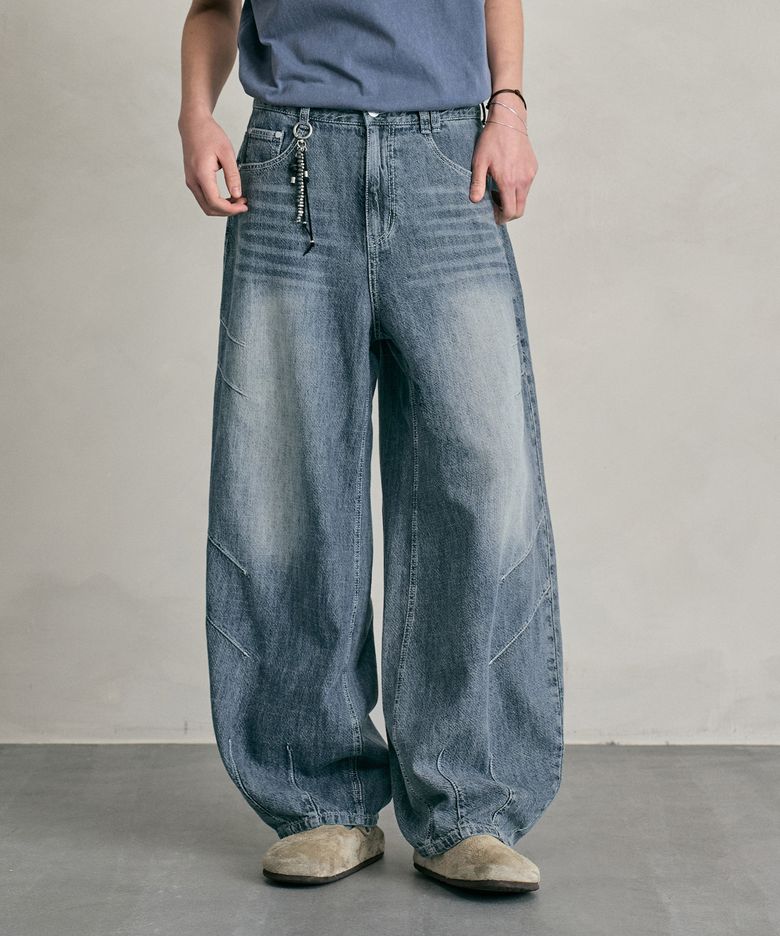 [린넨라이크]Linen Like Balloon Wide Jeans DCPT060MidBlueB
