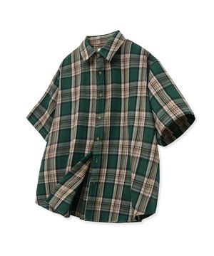 87-STAN203 빈티지 팜트리 오버핏 반팔 체크 셔츠 그린