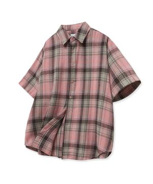 87-STAN208 빈티지 플레이드 오버핏 반팔 체크 셔츠 핑크