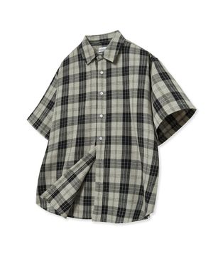 87-STAN211 빈티지 팝 오버핏 반팔 체크 셔츠 블랙