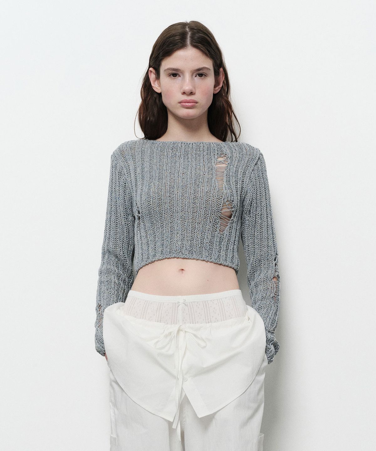 다이애그널(DIAGONAL) DAMAGE CROP CARDIGAN (blue)