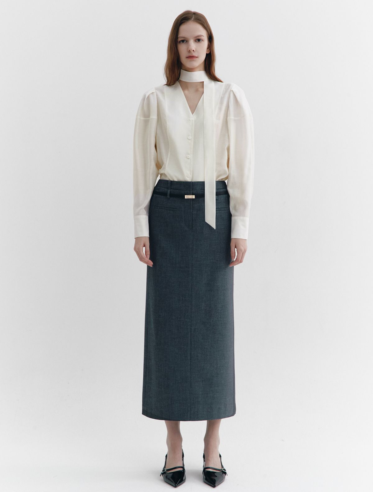 그레이데시온(GRAYDATION) Double Waistband Maxi Skirt CHARCOAL GREY