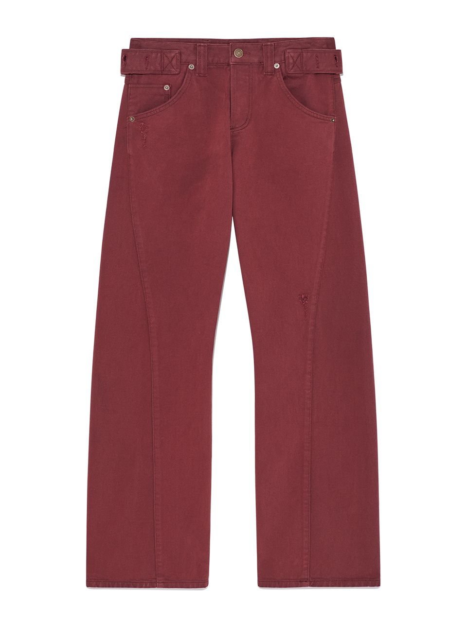 MUSINSA | MATIN KIM WAIST BUCKLE CURVED DYING DENIM PANTS IN RED