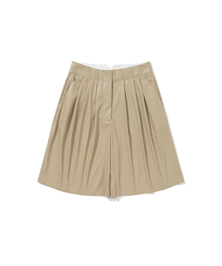 Box-Pleat Faux Leather Shorts Beige