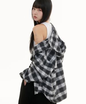 트위드 체크 후드 셔츠 - 블랙