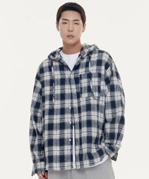 트위드 체크 후드 셔츠 - 네이비