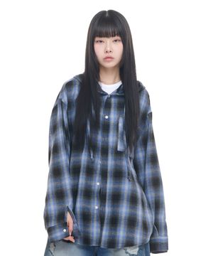 타탄 체크 후드 셔츠 - 블루