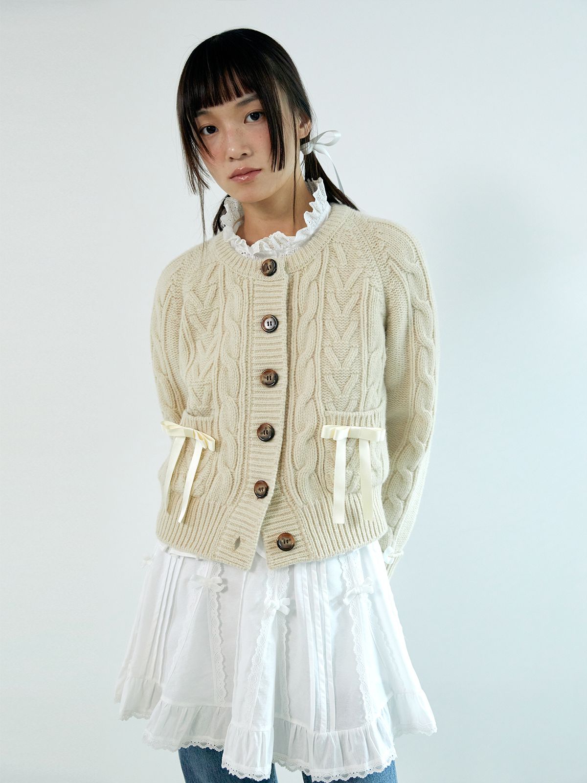 네프네프(NEFNEF) ribbon wool cable cardigan_ivory