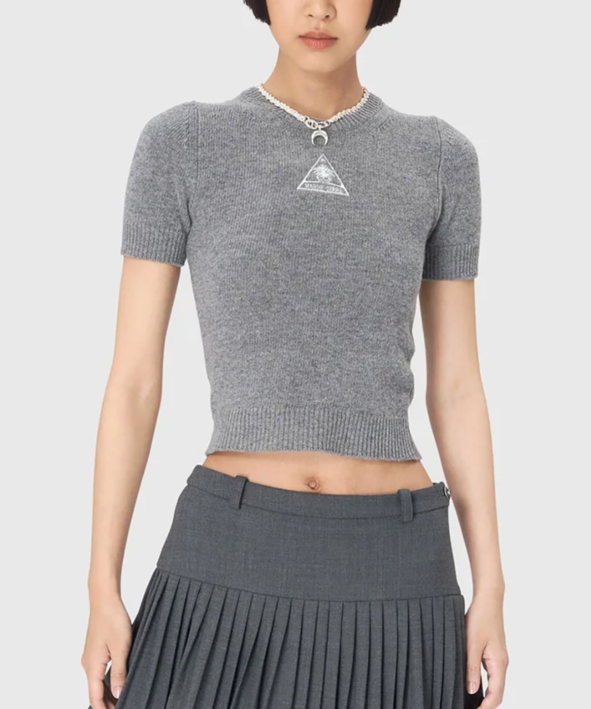 마린 세르(MARINE SERRE) (W) 클린 울 니트 크루넥 숏 슬리브 스웨터 다크 그레이 CLEAN WOOL KNIT CREWNECK SHORT SLEEVES SWEATER GR90 DARK GREY