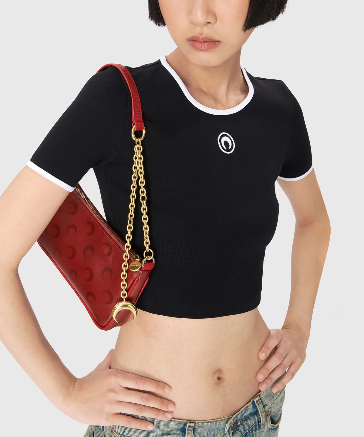 마린 세르(MARINE SERRE) (W) 문 로고 저지 크롭 탑 블랙 MOON LOGO JERSEY CROPPED TOP BK99 BLACK