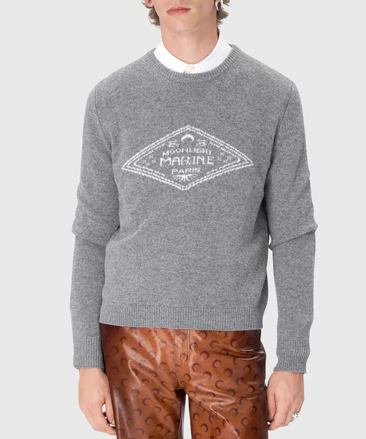 마린 세르(MARINE SERRE) (M) 클린 울 니트 크루넥 스웨터 다크 그레이 CLEAN WOOL KNIT CREWNECK SWEATER GR90 DARK GREY