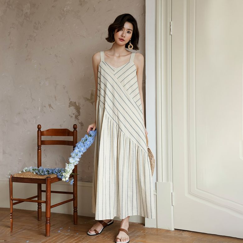 LS_Splicing striped suspender dress