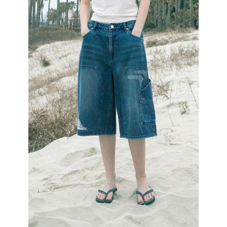 (UNISEX) 디스트로이드 카펜터 데님 버뮤다 숏츠  블루